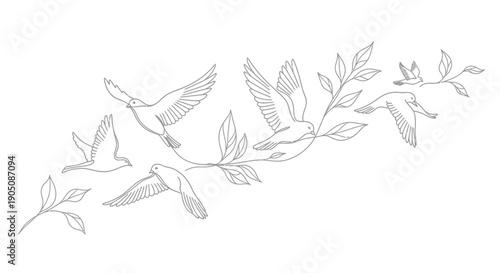 Birds Flying Around Branch with Leaves.