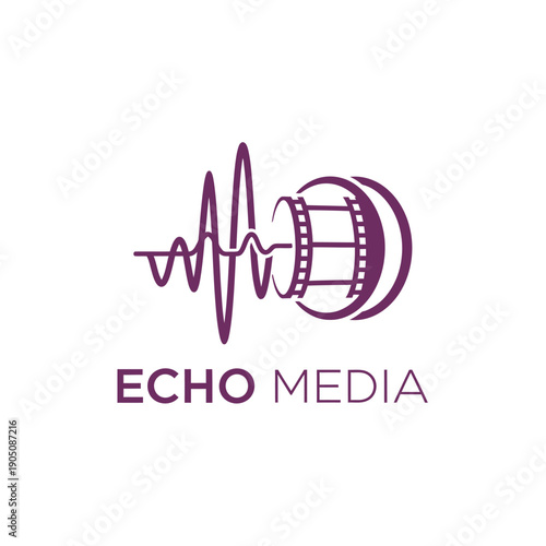 Creative sound wave and film reel icon for digital multimedia production or cinematic audio studio branding logo Echo Media