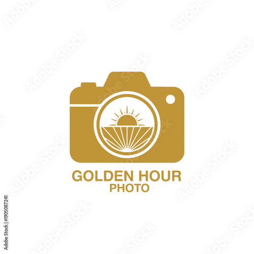Gold DSLR camera icon with sunset lens for professional photography studio branding or outdoor wedding photographer logo Golden Hour Photo