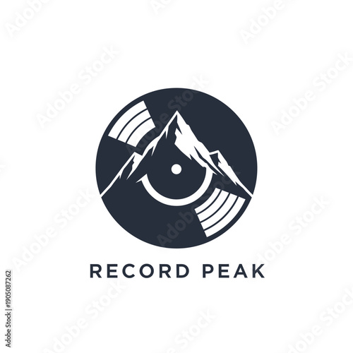 Mountain peak integrated with vinyl disc record icon for music studio or outdoor podcast identity Record Peak logo design in vector style