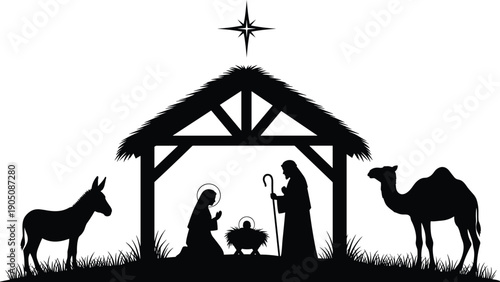 Christmas nativity scene silhouette with holy family baby Jesus manger star donkey camel religious vector illustration isolated background