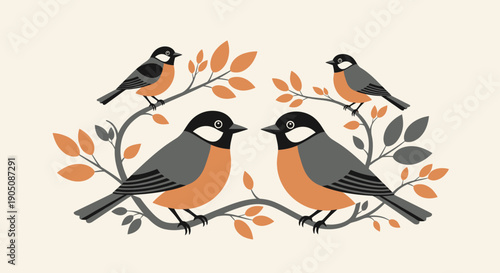 Four Black Capped Chickadee Birds Perched.