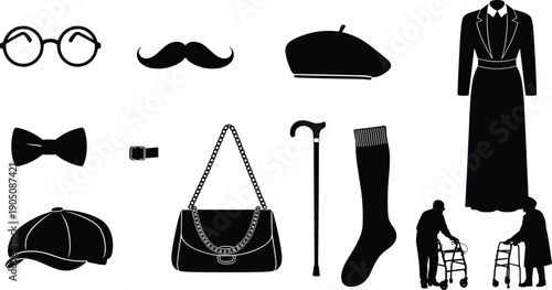 Fashion and elderly lifestyle silhouette icons set with glasses hat dress bag cane socks accessories people vector illustration