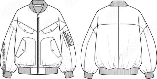 Men bomber jacket utility flight zip front rib collar cargo pocket technical flat cad vector template front back