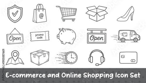 E commerce and online shopping doodle icons set with delivery, payment and retail elements vector illustration