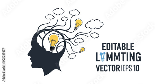 Brainstorming Silhouette with Light Bulbs and Clouds - Idea Generation Concept