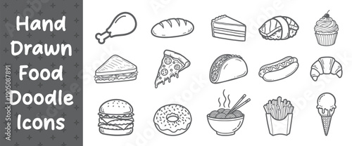 cute hand drawn food doodle icons set with snacks, desserts and fast food elements vector illustration