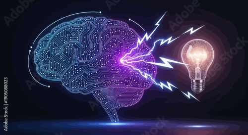 Digital Brain with Light Bulb, Idea and Innovation Concept