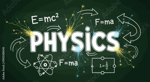 Physics Education Concept: Formulas, Atom Model, Circuit Diagram on Chalkboard