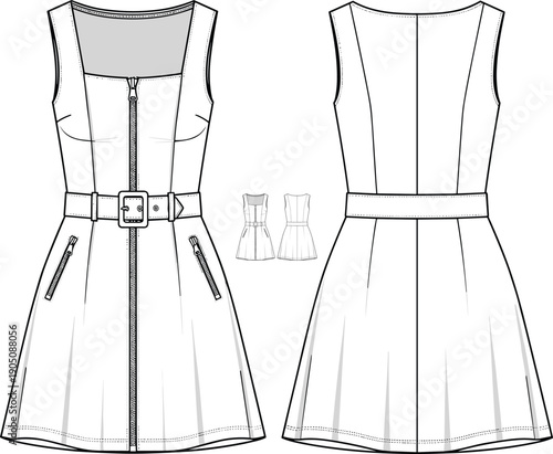 Sleeveless belted zipper front mini dress technical fashion flat sketch template with pockets clean outline garment design vector for women