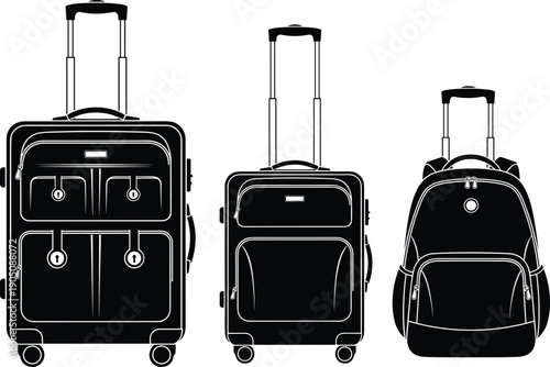 Travel luggage suitcase and backpack silhouettes rolling bags airport tourism vacation transport black white vector illustration set