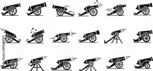 Vintage cannon artillery silhouettes set historic military weapons collection war battle equipment black white vector illustration icons