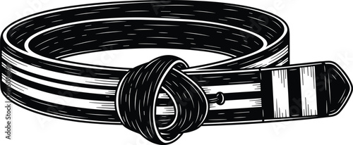 Vintage leather belt tied knot accessory fashion clothing strap rustic western style black white engraved vector illustration