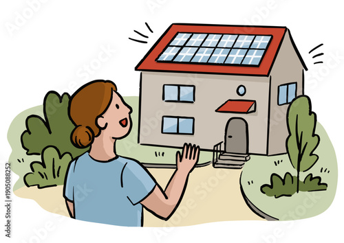 Frau schaut auf ein Haus mit Photovoltaikanlage auf dem Dach