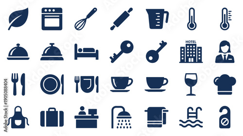 Collection of 28 hospitality and hotel service icons including food, kitchen tools, accommodation, and travel symbols like chef hat, bed, key, suitcase, swimming pool, and receptionist icons.