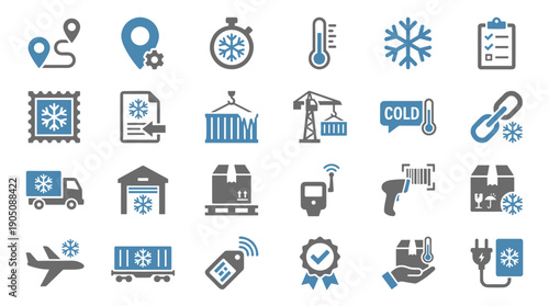 Set of 24 vector icons for cold chain logistics and supply chain management featuring refrigerated transport, temperature monitoring, warehouse storage, shipping containers, and tracking symbols.