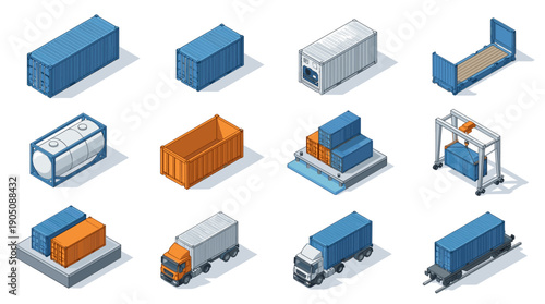 Isometric Vector Icon Set of Cargo Logistics Containers and Transportation Equipment Including Delivery Trucks, Gantry Crane, and Rail Car for Global Shipping, Freight, and Supply Chain Management.