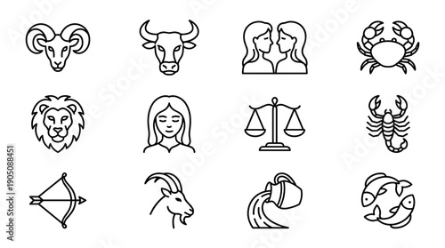 Vector icon set of 12 zodiac horoscope signs in a clean outline style. Includes Aries, Taurus, Gemini, Cancer, Leo, Virgo, Libra, Scorpio, Sagittarius, Capricorn, Aquarius, and Pisces symbols.
