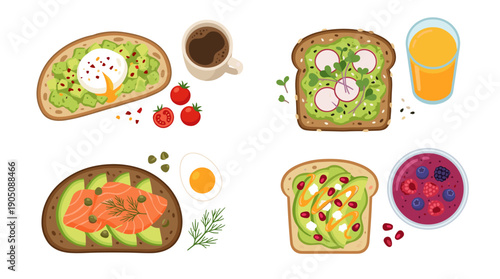Vector set of four healthy breakfast scenes featuring delicious avocado toast variations with poached egg, smoked salmon, radish, and pomegranate, served with coffee, orange juice, and fruit bowl.