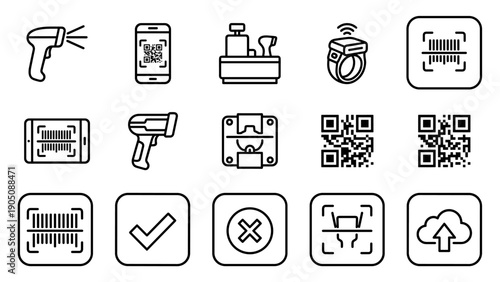 Vector Set of Barcode and QR Code Scanner Line Icons Featuring Handheld Devices, Mobile Apps, Digital Scanning Symbols, and Retail Technology Elements for Inventory Management and Logistics