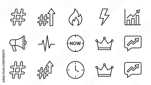 Minimalist Vector Line Icon Set Featuring Hashtags, Trending Symbols, Fire, Megaphone, Crown, and Growth Charts for Social Media Marketing, Digital Communication, and Business Analytics.