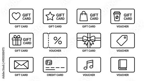 Minimalist Vector Line Icon Set Featuring Gift Cards, Vouchers, and Credit Cards. Includes Symbols for Shopping, Coffee, Music, Books, and Discounts. Ideal for E-commerce and Retail Promotions.