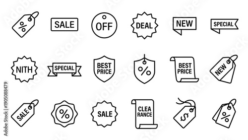 Minimalist Vector Set of Discount Tags and Sale Labels Line Icons on White Background; Includes Percentage, Off, Deal, New, Special, Best Price, Clearance, and Dollar Sign Promotional Badges.