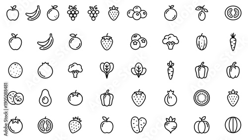 Large collection of minimalist fruit and vegetable line icons featuring healthy food items like apple, banana, broccoli, carrot, and tomato. Clean vector outline symbols for nutrition and diet.