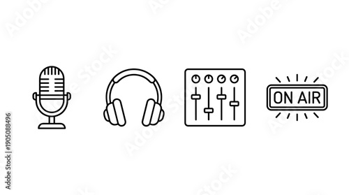 Minimalist Line Art Vector Icons of Podcasting Equipment Including a Vintage Microphone, Studio Headphones, Audio Mixer Console, and Glowing On Air Sign Isolated on a Clean White Background.