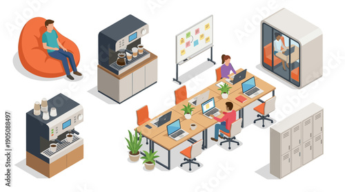 Isometric vector set of coworking space elements featuring people working at shared desks, coffee machines, bean bag chair, whiteboard, lockers, and privacy booth on a clean white background.