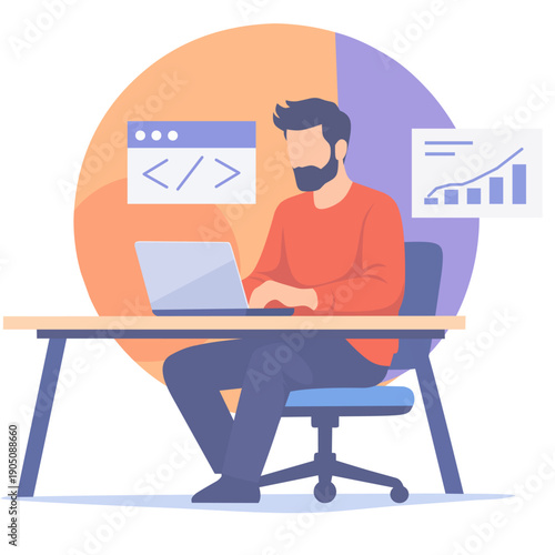 Modern Flat Vector Illustration of a Software Developer Working on a Laptop