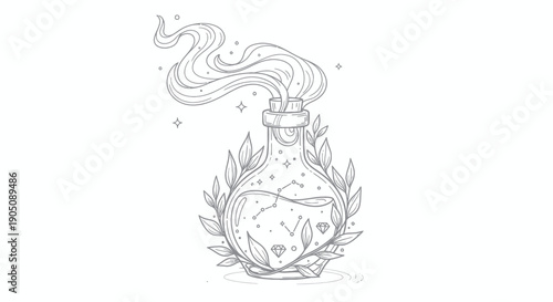 Mystical Potion Bottle with Smoke and Leaves Illustration