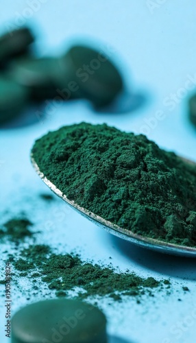 Close-up of spirulina powder on a spoon with blurred tablets in the background