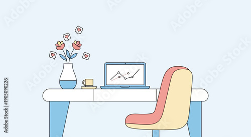 Modern office desk setup with laptop and flower vase vector illustration