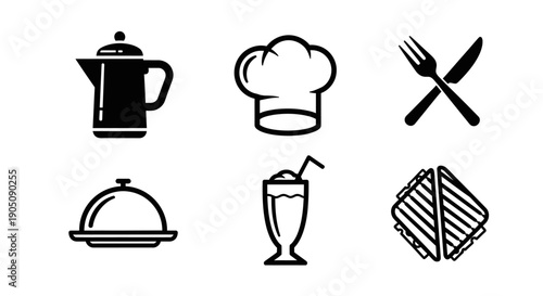Black food icons set with chef hat, coffee pot, sandwich, and cutlery on white background