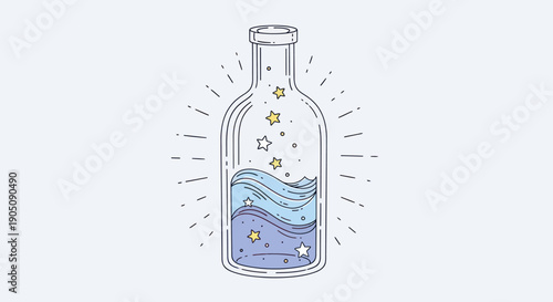 Magical Potion Bottle with Stars and Swirling Water Illustration