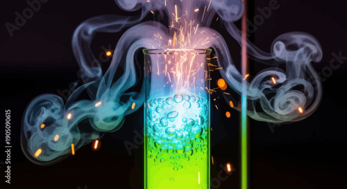 Chemistry experiment with glowing liquids and sparks in a test tube, science research concept
