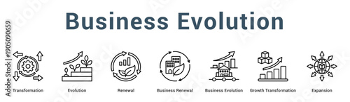 Business Evolution  Modern and clean web banner illustration vector featuring thematic icons