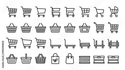Comprehensive Collection of Shopping Cart and Basket Line Icons. Minimalist Vector Graphics Featuring Various Retail Trolleys, Hand Baskets, Eco Bags, and Crates for E-commerce and Logistics.