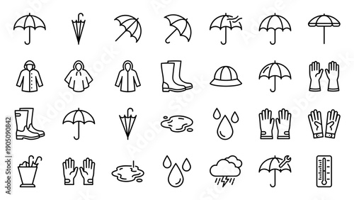 Comprehensive Vector Set of Rain Gear Line Icons featuring Umbrellas, Raincoats, Rubber Boots, Waterproof Clothing, Puddles, Raindrops, Storm Clouds, and Weather Protection Accessories.