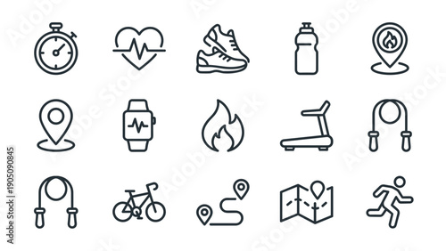 Vector Set of Minimalist Running and Cardio Tracking Line Icons for Fitness Apps and Health Monitoring, Featuring Symbols for Heart Rate, Stopwatch, Treadmill, Bicycle, Map, and Workout Gear.