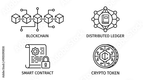 Set of Minimalist Line Art Vector Icons Representing Blockchain Technology, Distributed Ledger Systems, Secure Smart Contracts, and Cryptocurrency Tokens for Digital Finance and Fintech Design