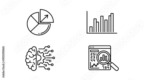 Set of Minimalist Line Art Icons for Data Analysis, Business Intelligence, Artificial Intelligence, and Statistics Featuring Pie Chart, Bar Graph, Digital Brain, and Data Research Interface