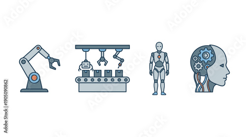 Vector Set of Robotics Icons Featuring Industrial Robotic Arm, Automated Factory Assembly Line, Humanoid Android Robot, and Cyborg Head with Gears Representing Artificial Intelligence and Future