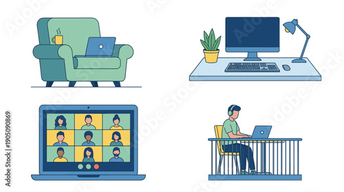 Flat vector illustration set of remote work concepts featuring a home office desk, video conference call on laptop, person working on a balcony, and armchair with laptop and hot coffee mug.