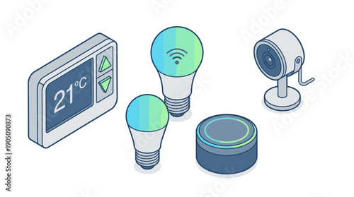 Isometric vector illustration of smart home automation devices including a digital thermostat, smart LED light bulbs with wifi icons, a security camera, and a voice assistant speaker on white.