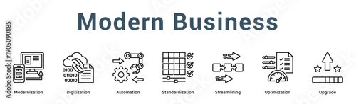 Modern Business  Modern and clean web banner illustration vector featuring thematic icons