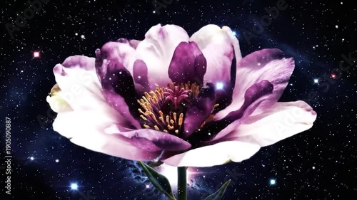 Dreamy flower blossom against a cosmic background