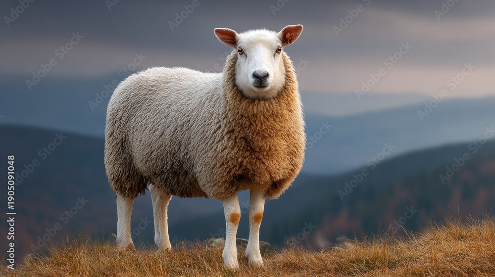 Fototapeta premium Majestic Sheep Standing on a Hilltop Against a Dramatic Cloudy Sky, Capturing the Serenity and Beauty of Nature's Landscape in the Outdoors