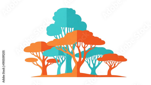 Stylized Collection of Diverse Trees in Vibrant Orange and Teal Hues